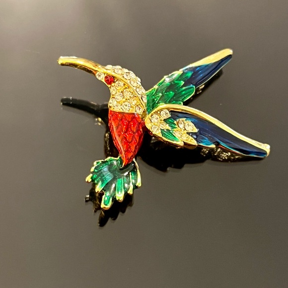 Vintage Enamel with Rhinestones Hummingbird Brooch - Picture 2 of 14